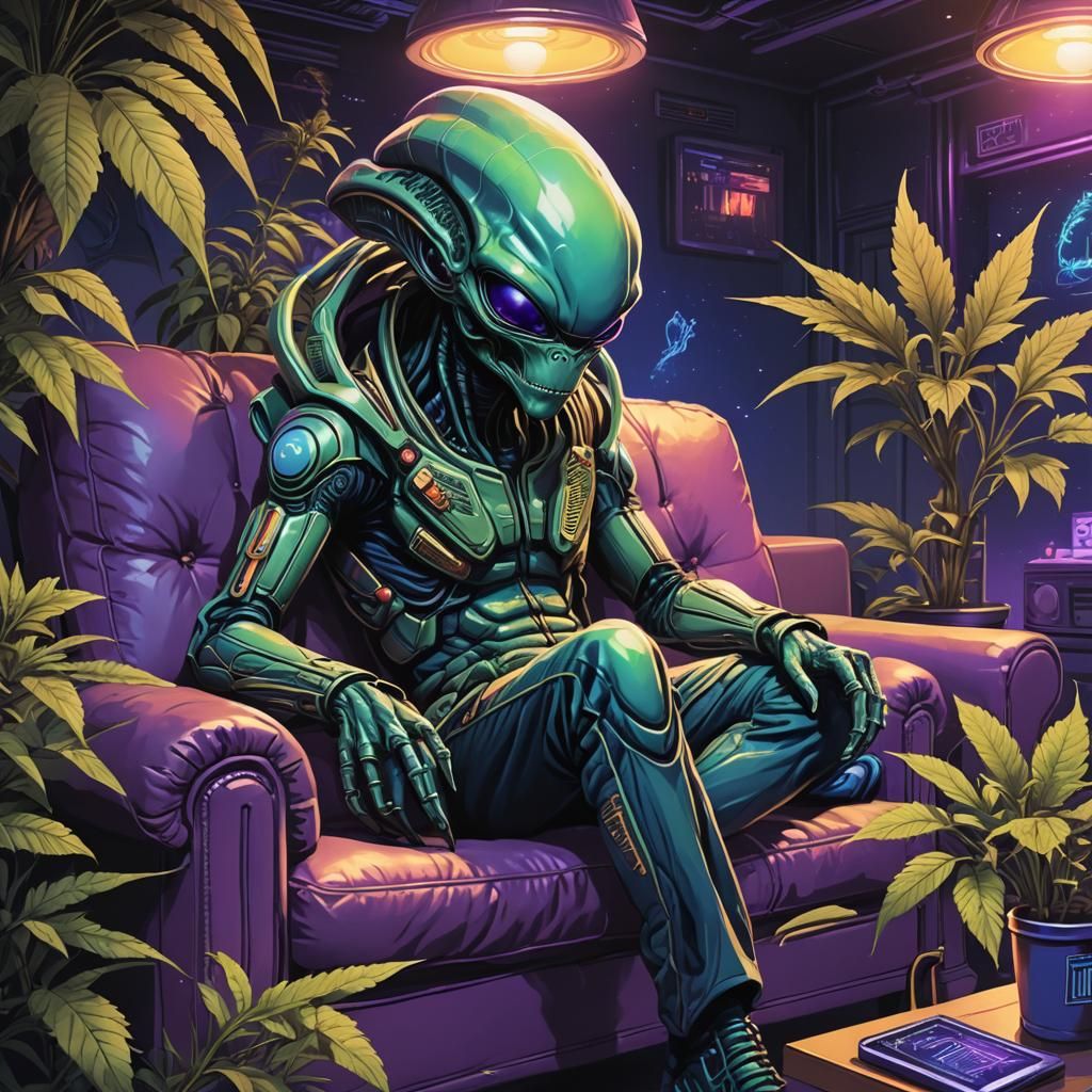 Alien in Stoner Lounge: Vibrant Sci-Fi Art