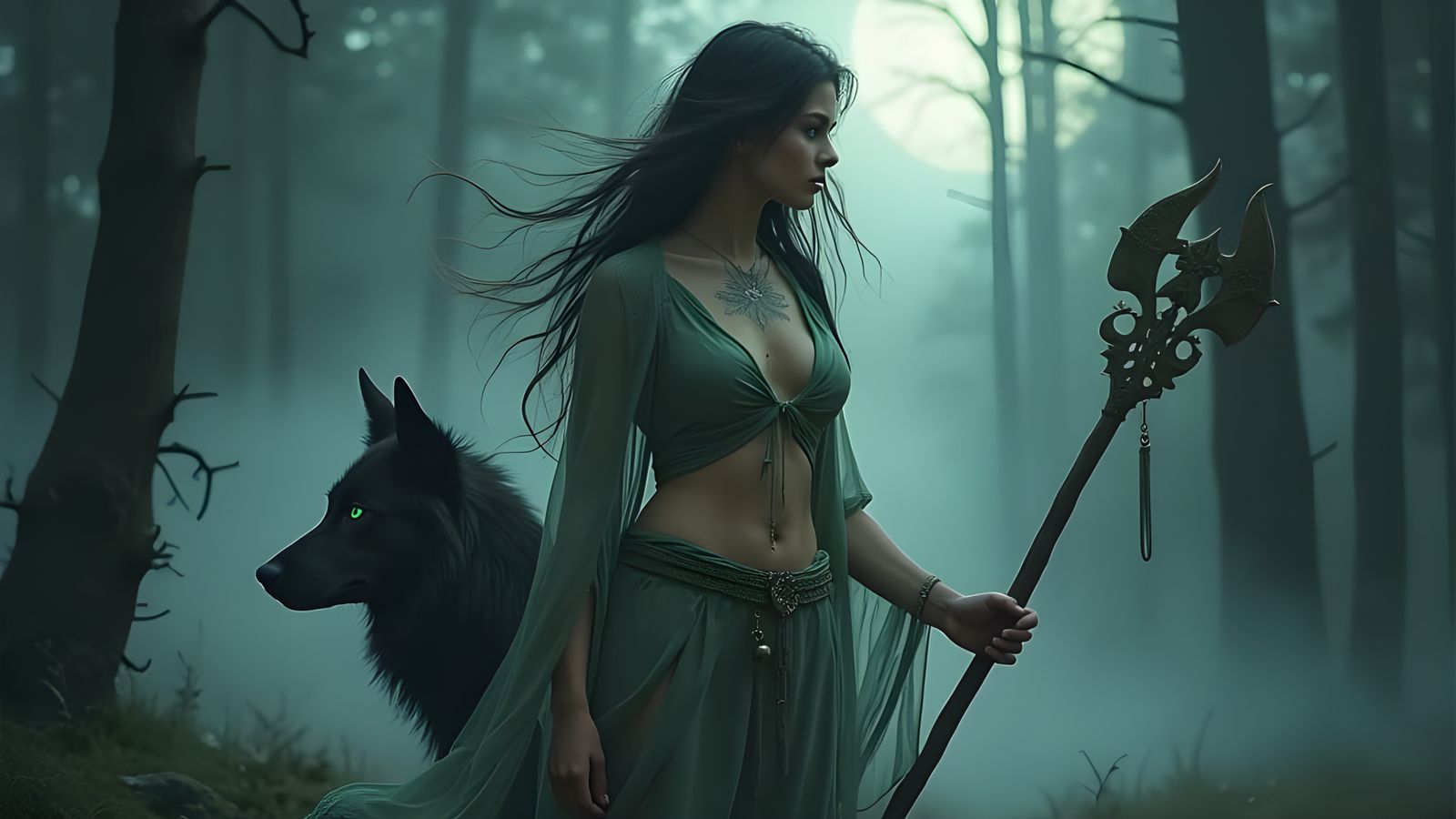 Norse Sorceress in Moonlit Forest