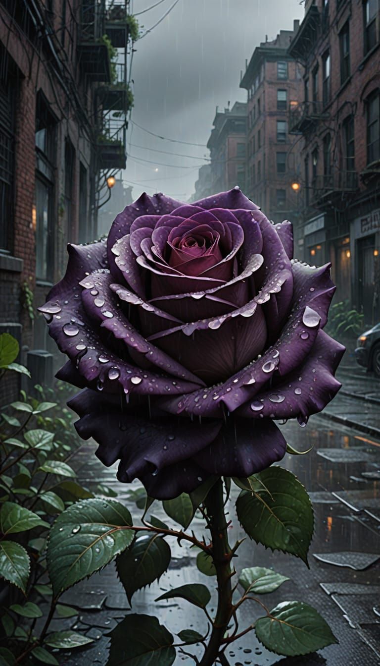 Dark Purple Rose Reigns in Gritty Urban Rainy Scene