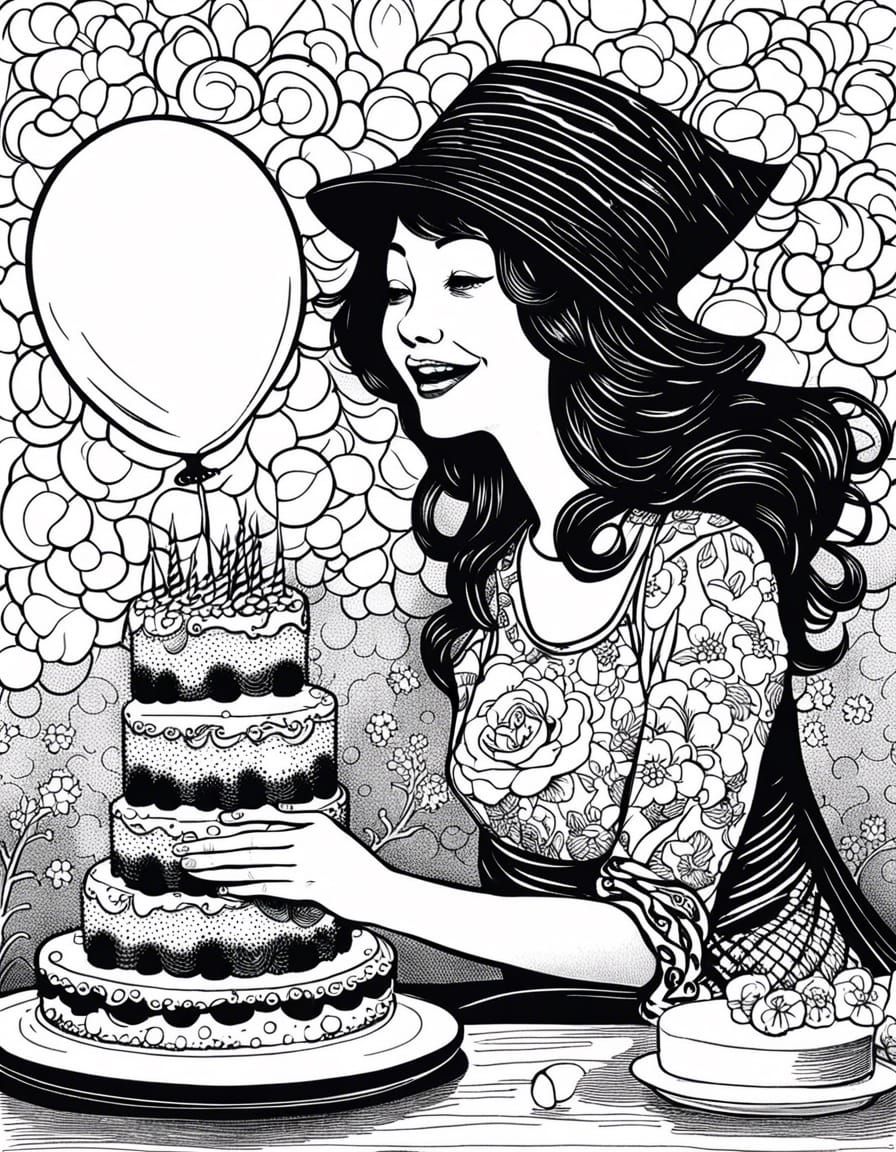 Happy Witch with Balloon: Ink Line Art