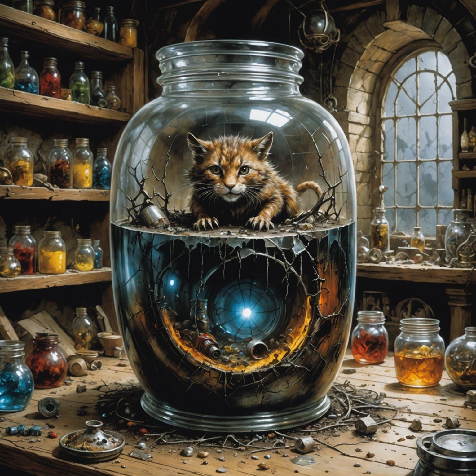 Creature Emerges in Alchemist's Dark Fantasy Lab