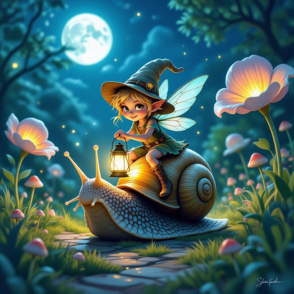 Pixie riding a giant snail