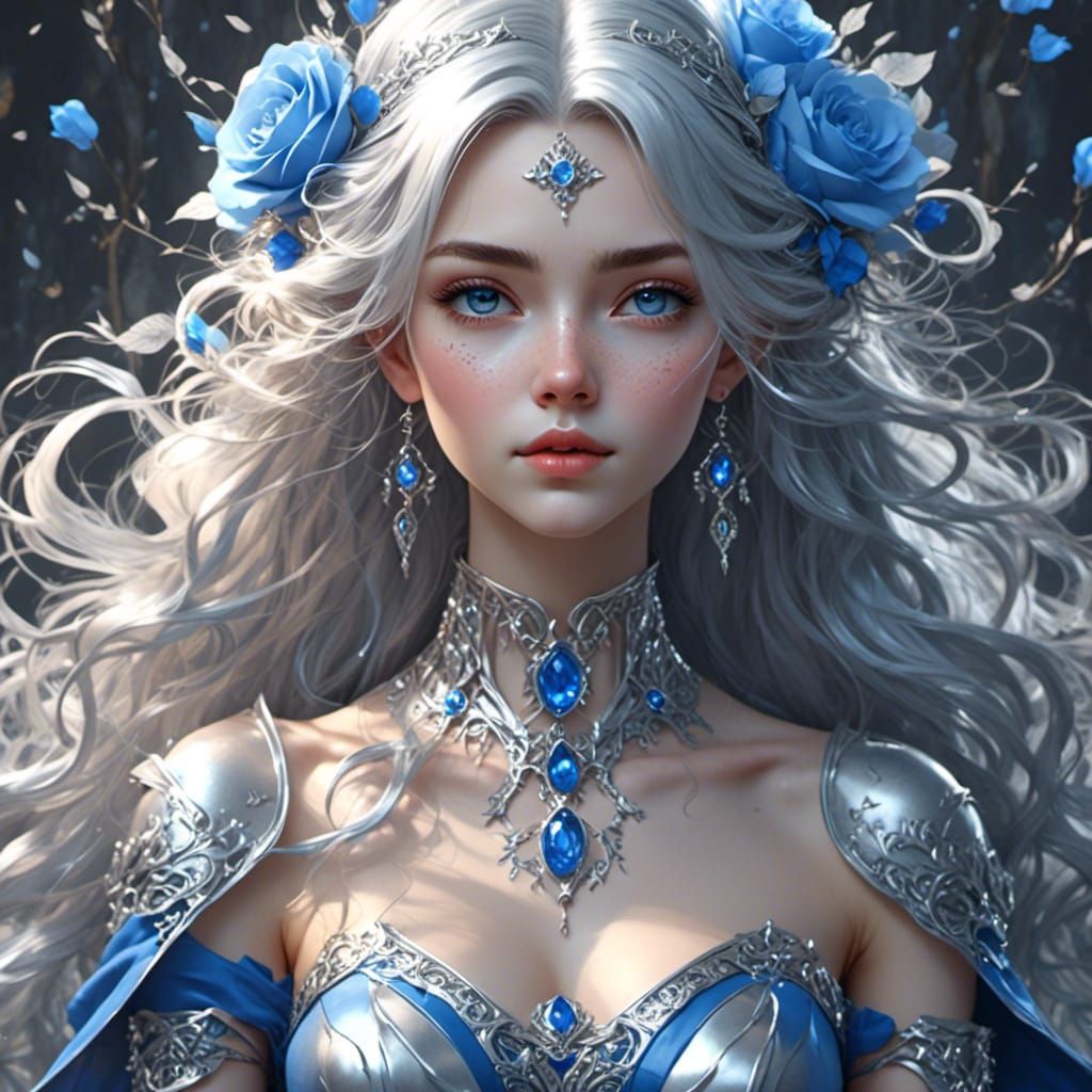 Silver and Blue Enchantress Anime Portrait in 8k