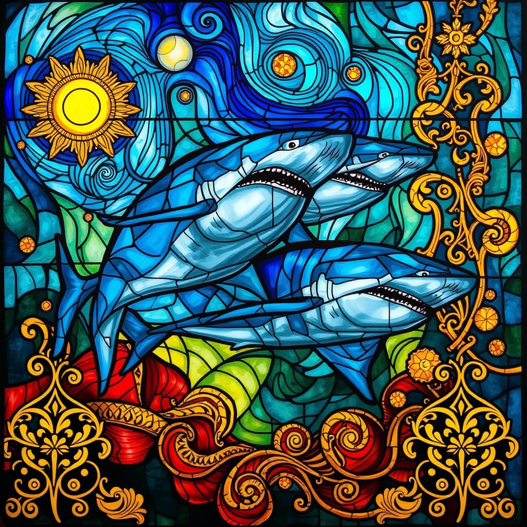 Sharks in Whimsical, Ornate Stained Glass
