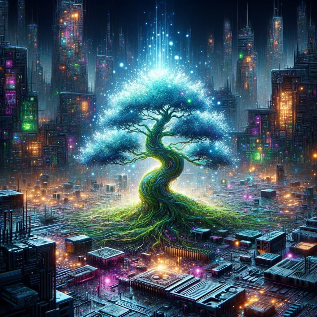 Bioluminescent Bonsai in Post-Apocalyptic Cyberpunk City