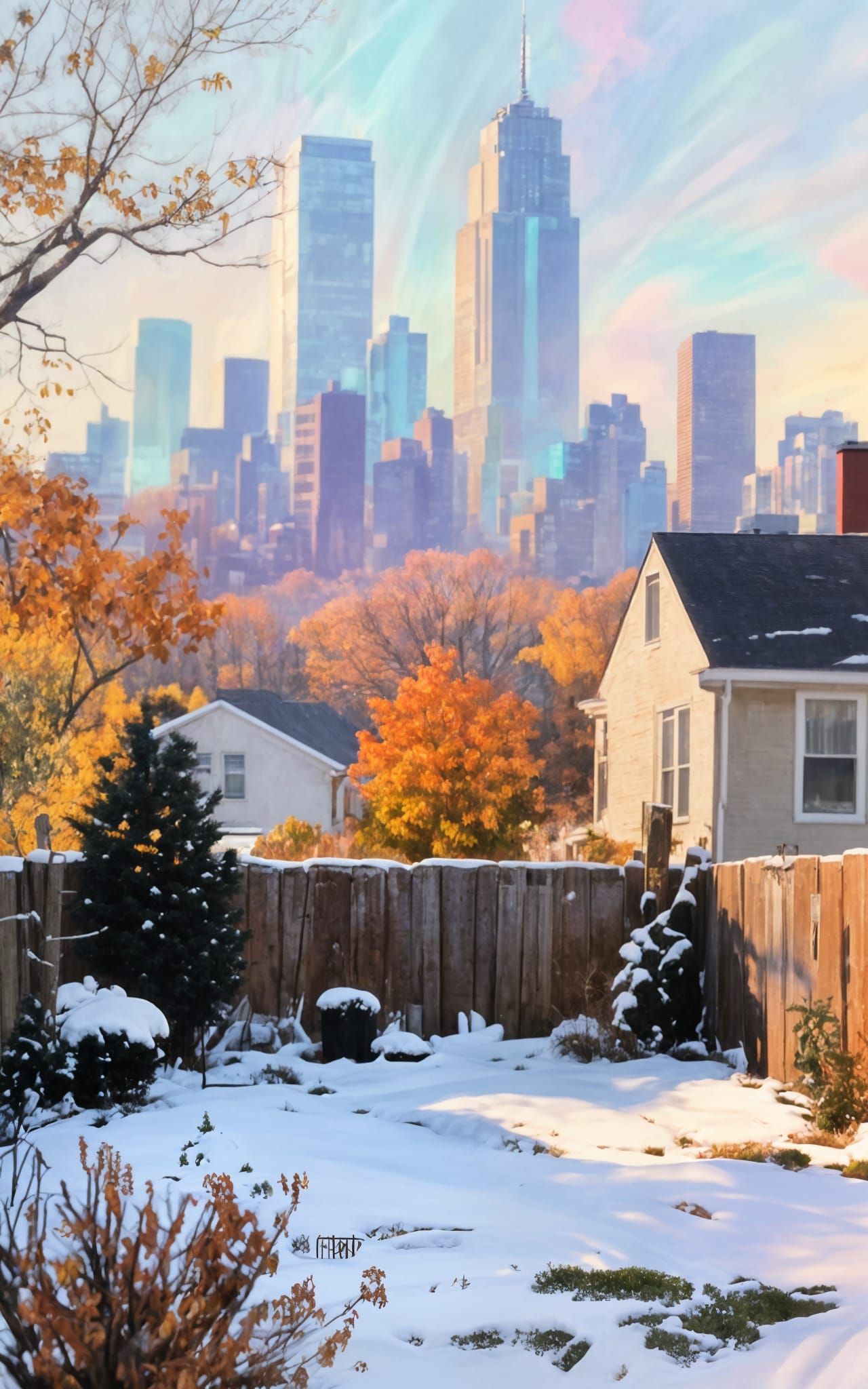 Autumn Backyard Meets City Skyline, Hybrid Style