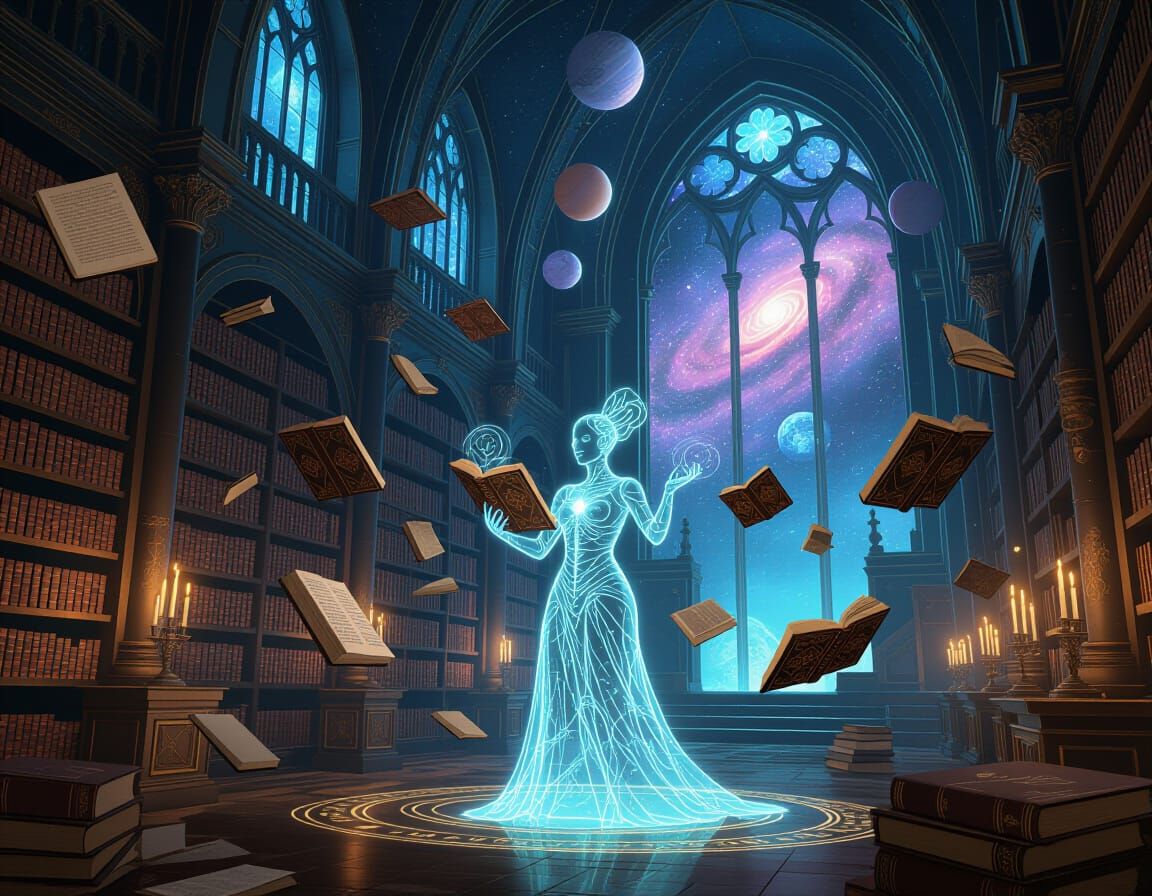Teslapunk Library With Floating Books and Energy Librarian