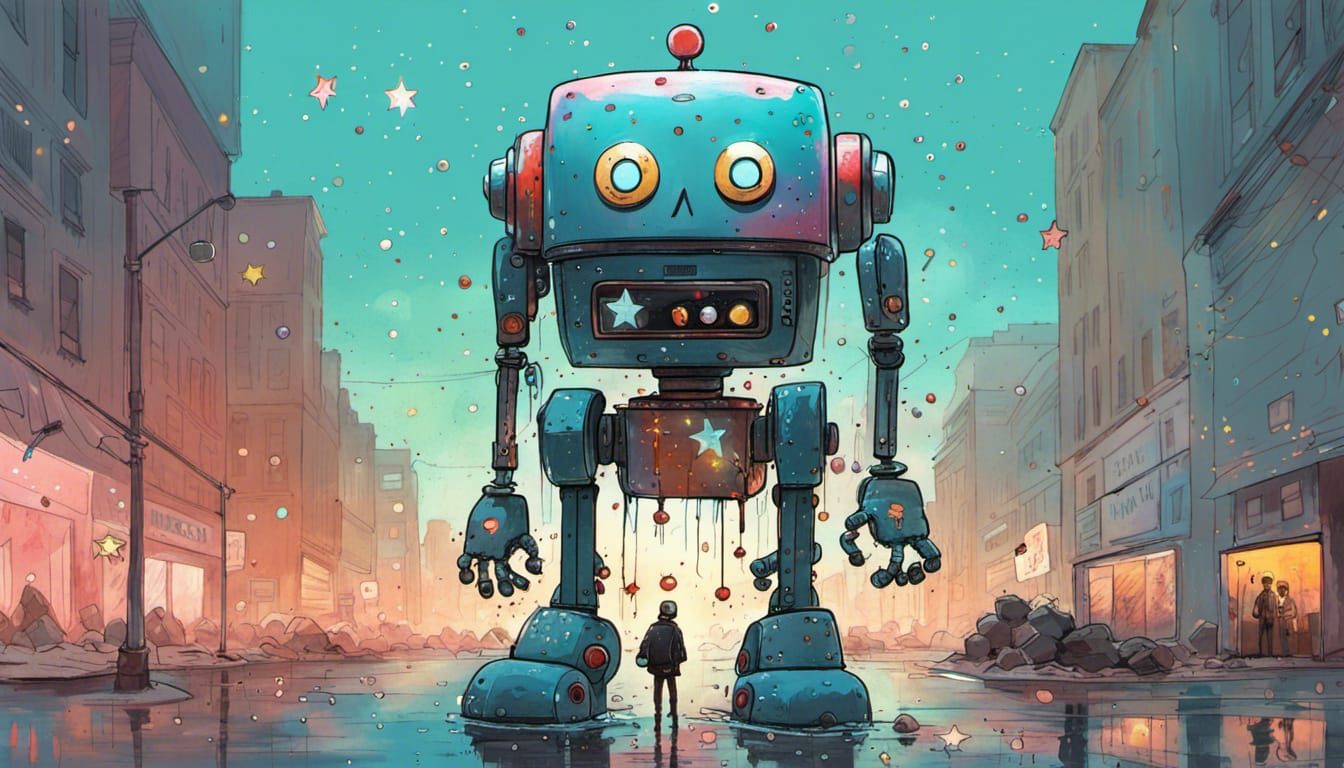 Happy Robot Holding Stars in Art Gallery