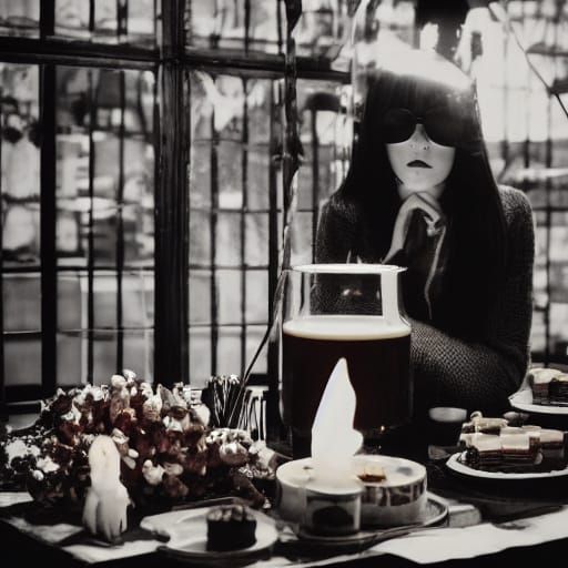 Ethereal Gothic Beauty in a Dimly Lit Coffee Shop