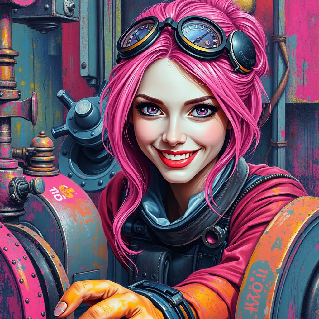 Steampunk Woman Operates Machinery in Polychromatic Graffiti...