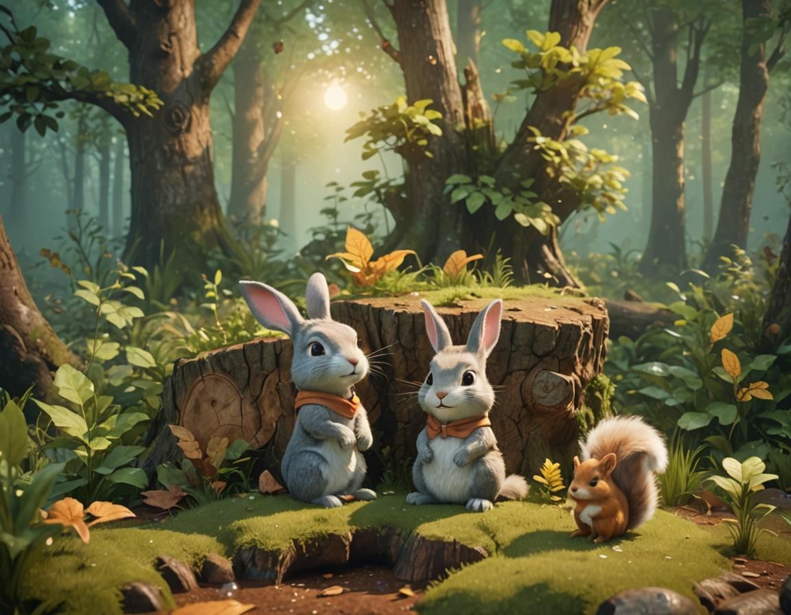 Bunny and Squirrel in Misty Forest, 3D Render