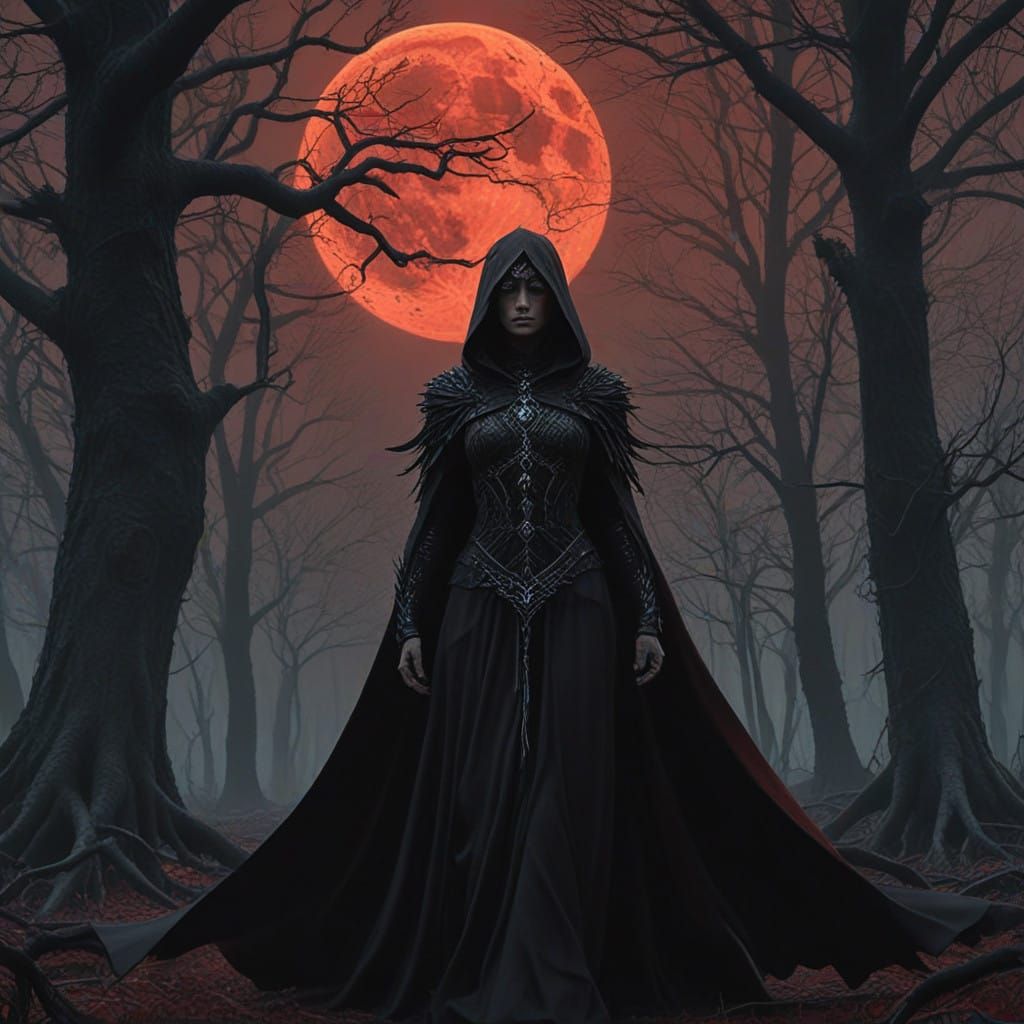 Mystical Woman in Crimson Moonlight