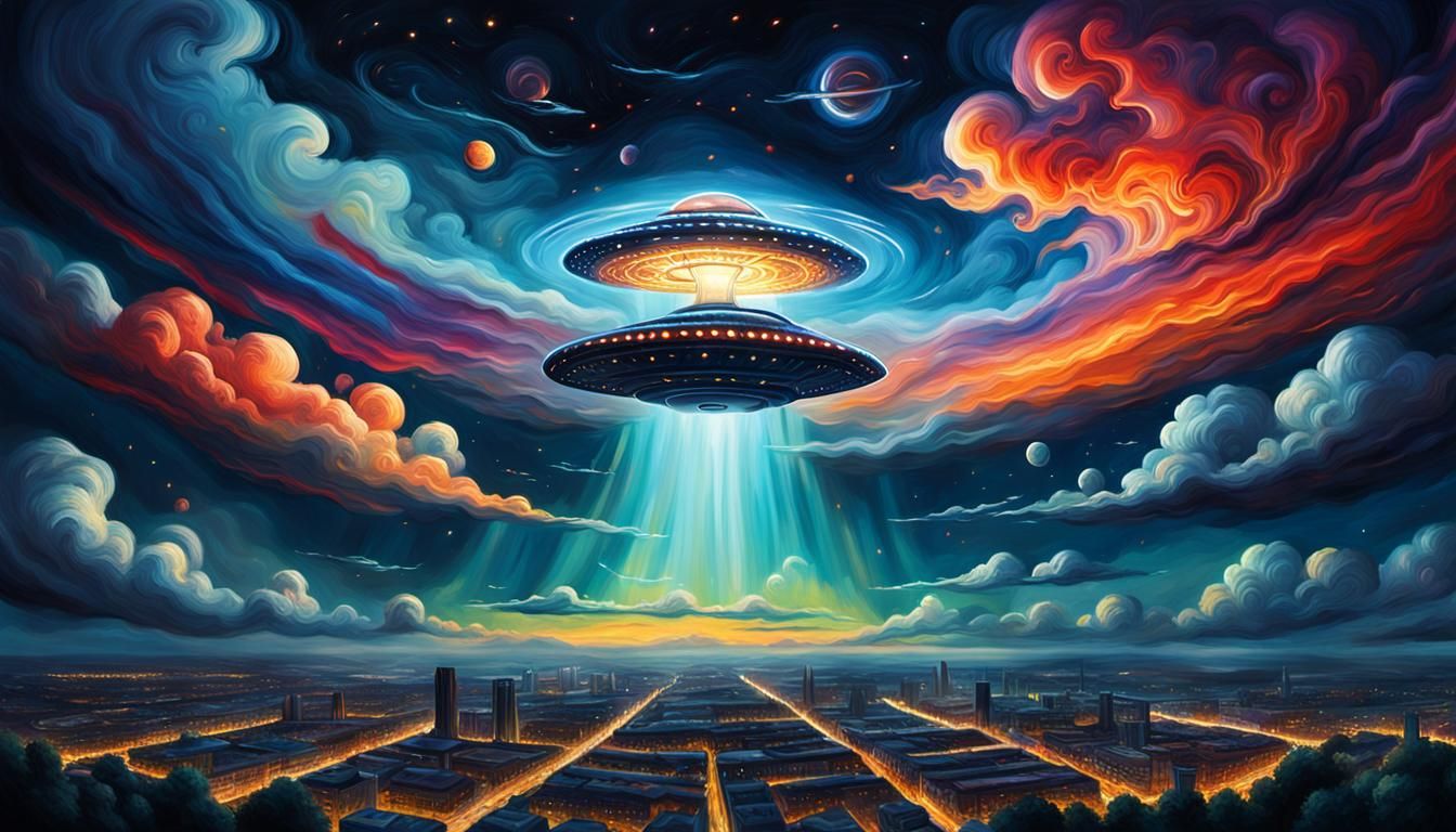 UFO in Dreamlike Night Sky: Abstract Expressionism