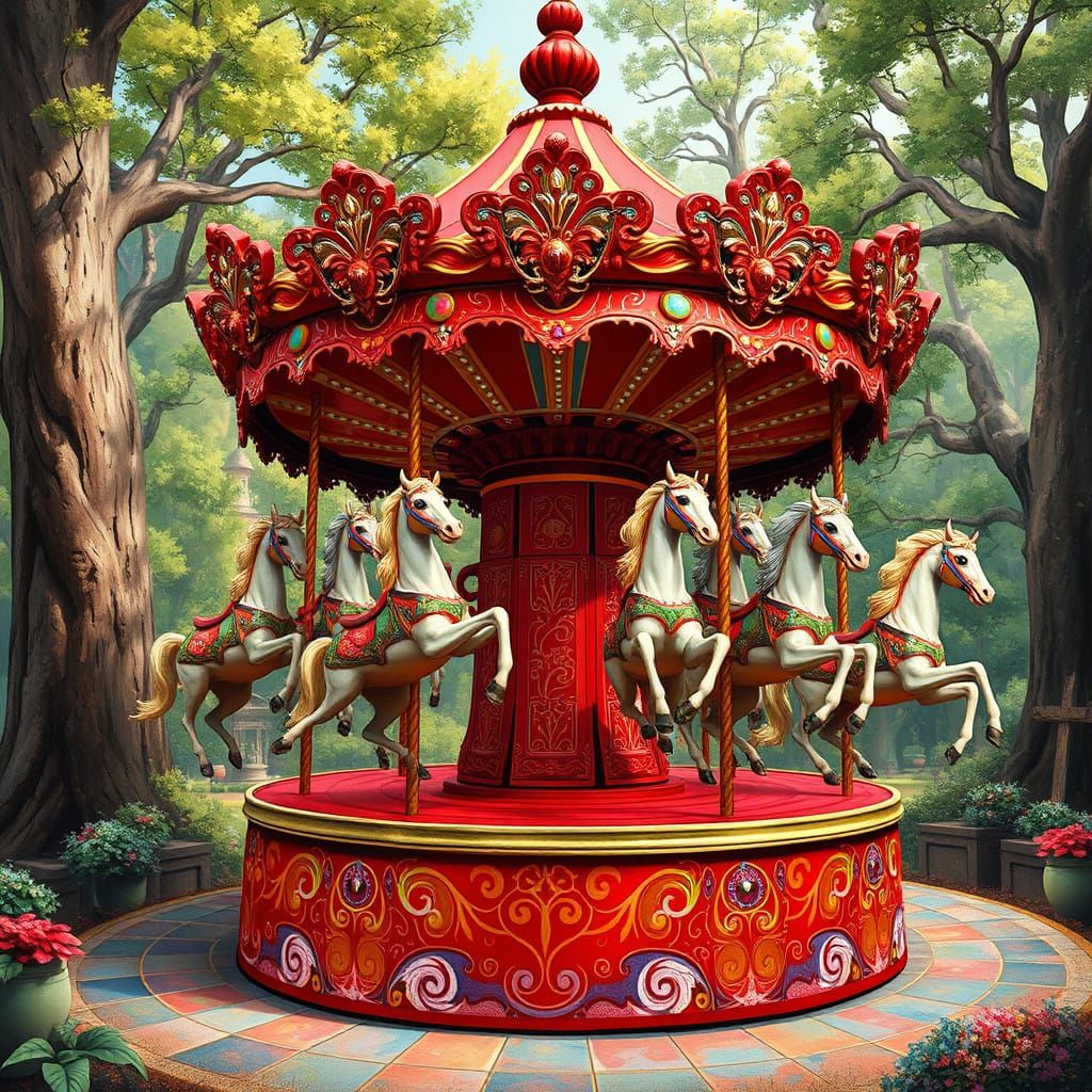 Surreal Red Carousel in Whimsical Wonderland Style