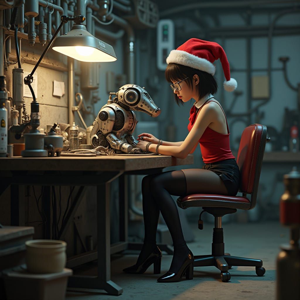 Steampunk Engineer with Santa Hat and Robot Dog
