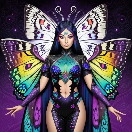 Butterfly Woman with Peacock Feathers in Comic Art Style