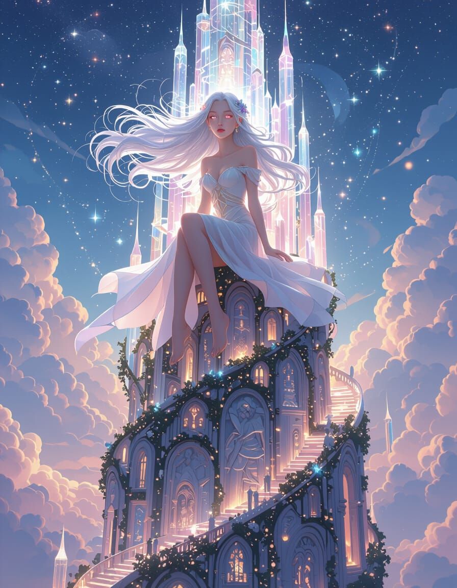 Ethereal Woman on Dream Tower in Giant's Hands