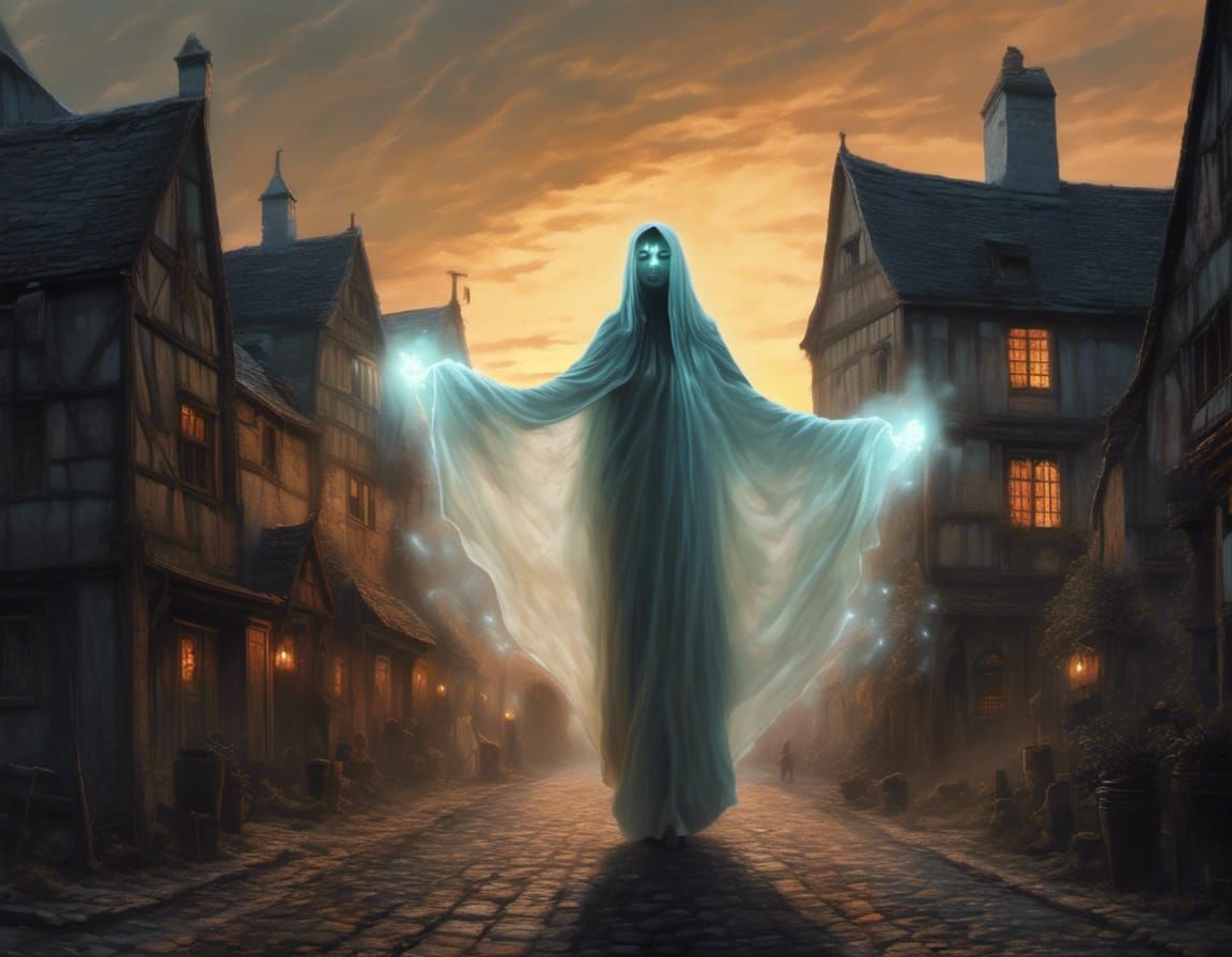 Ethereal Ghost Woman Over Medieval Village