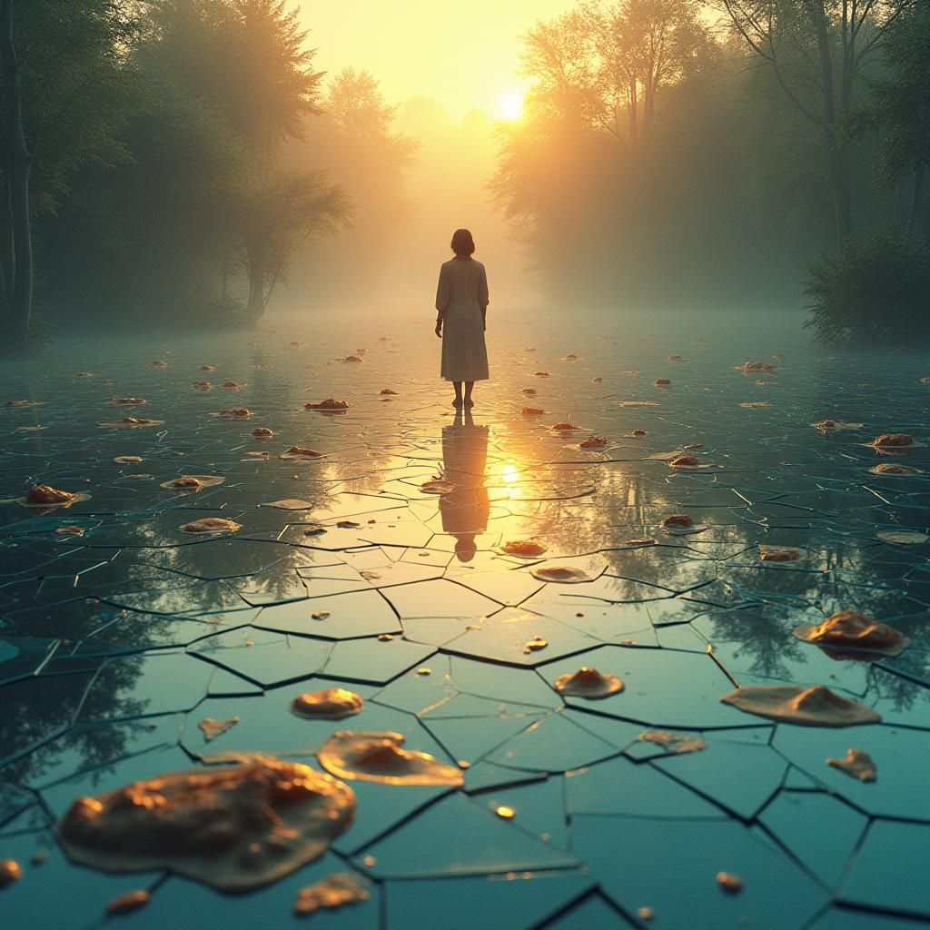 Mirror Shard Lake Reflects Lone Figure