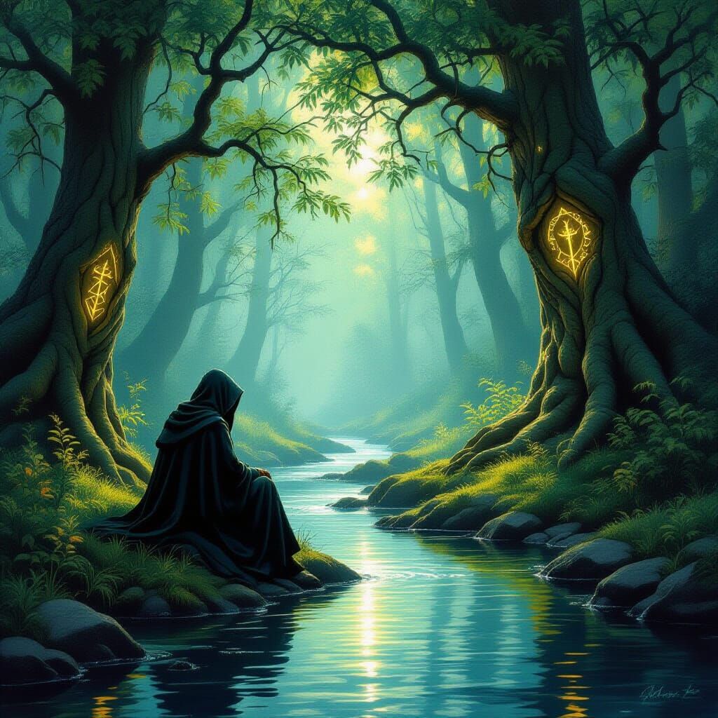Mysterious Figure by Forest Stream in Oil Painting Style