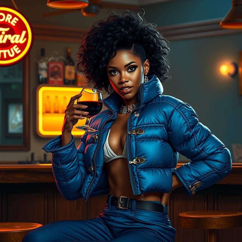 Glamorous Cowgirl in Film Noir Style at Dimly Lit Bar