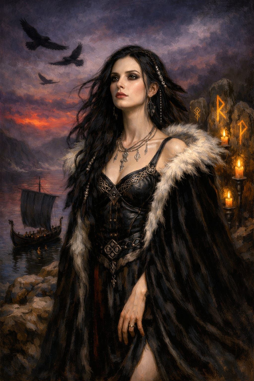 Viking Seeress in Misty Fjord, Pre-Raphaelite Style