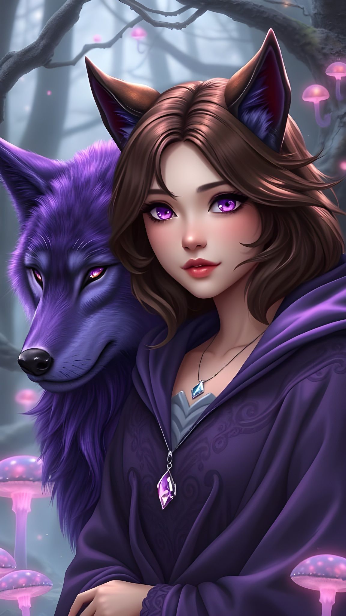 Mystical Wolf Goddess with Purple Familiar in Ethereal Fores...