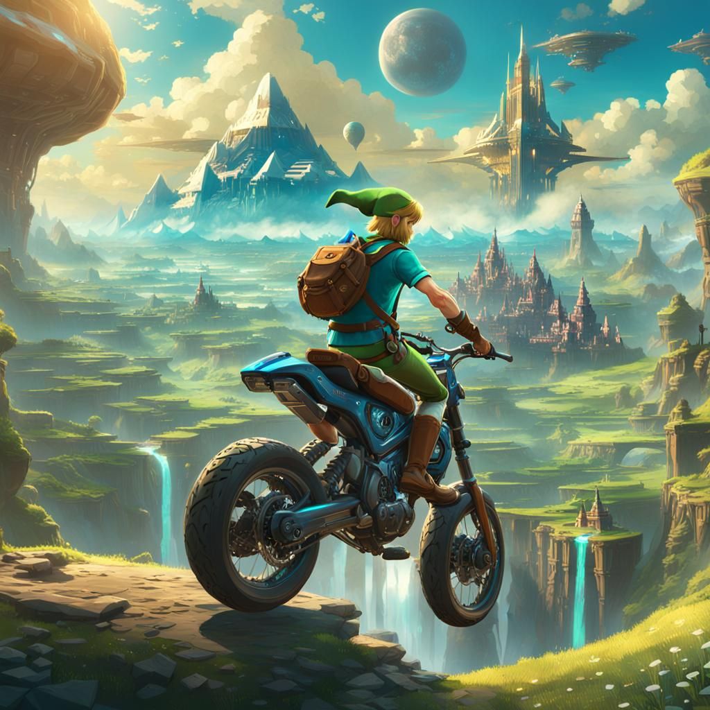 Link on Master Cycle in Sci-Fi Hyrule: Digital Art