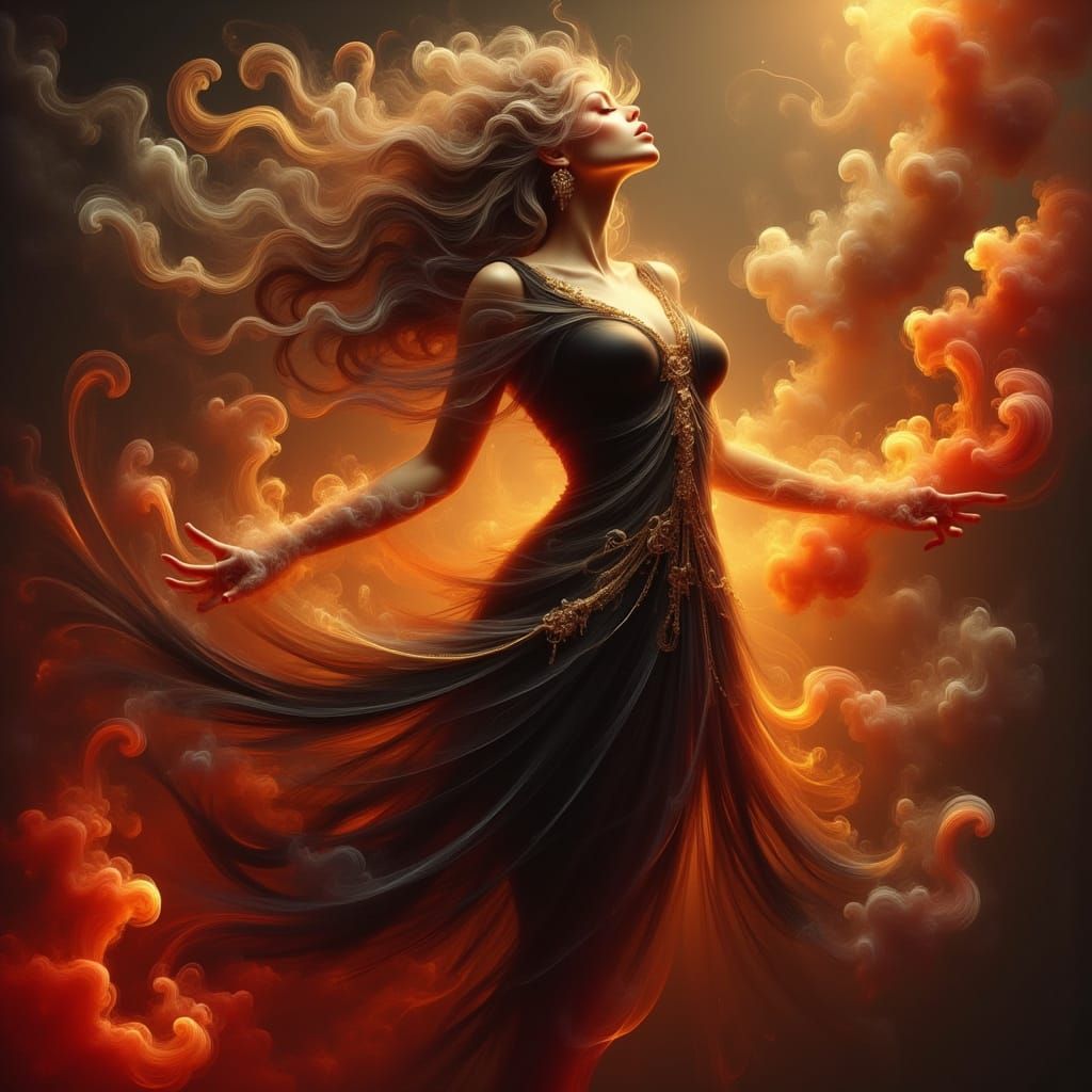 Ethereal Woman Roaring in Fiery Landscape