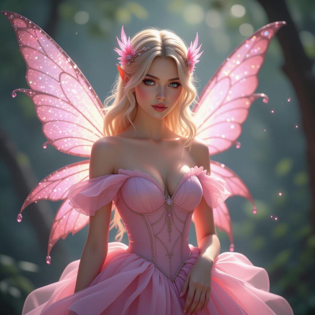 Blonde Fairy in Pink Gown with Glittering Wings