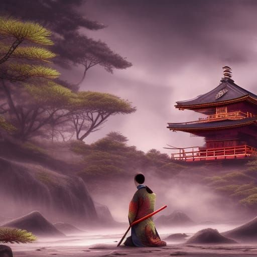 Ancient Kyoto Samurai in Hyperrealistic Japanese Painting