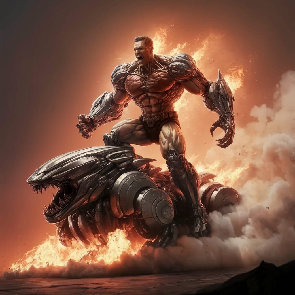 Cyborg Warrior Emerges from Flames in a Fiery Assault