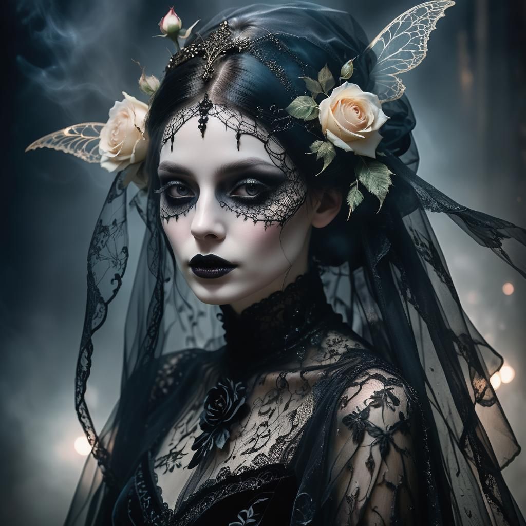 Gothic Girl in Velvet Gown with Delicate Wings