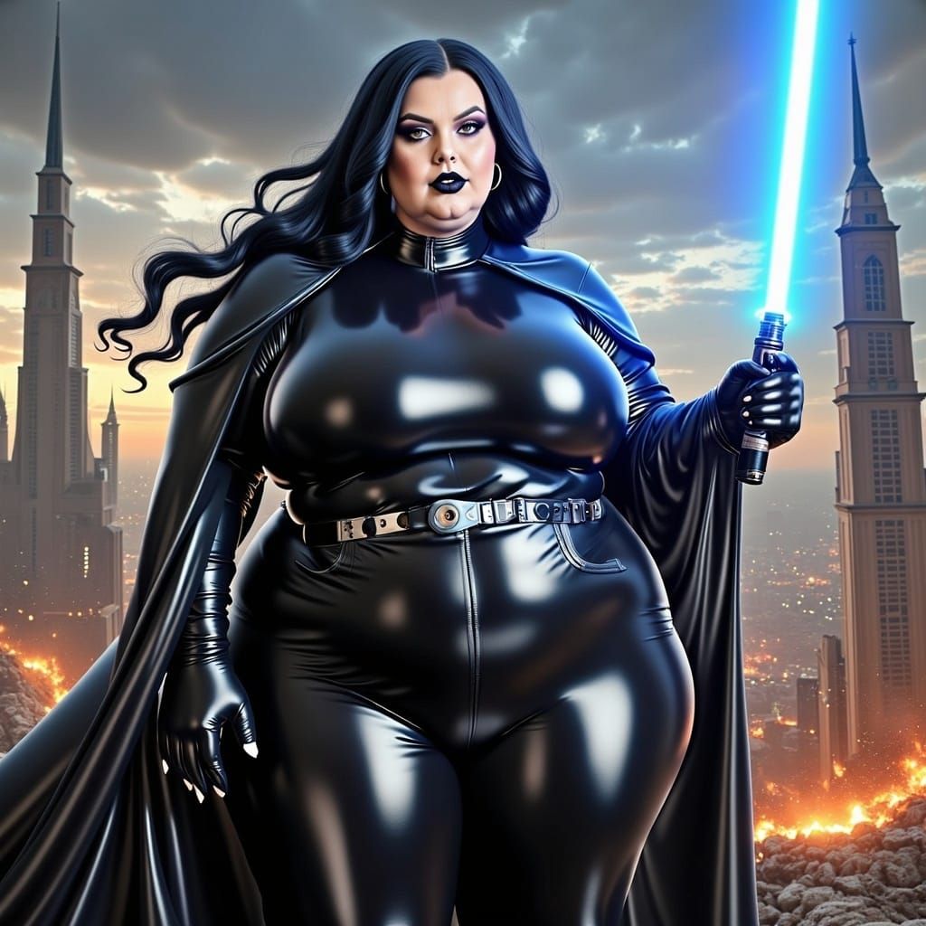 Sleek Curvy Jedi Knight Wields Glowing Lightsaber in Futuris...