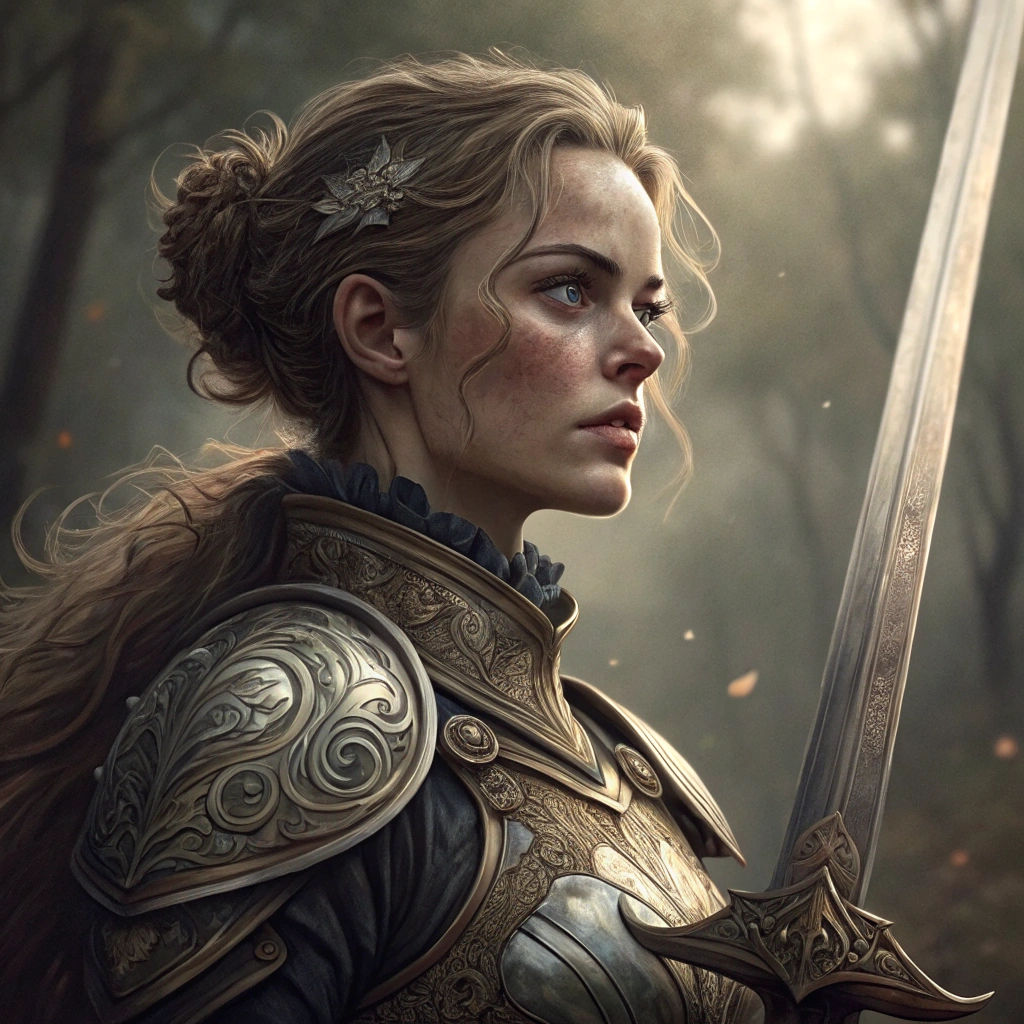Armored Woman with Sword in Photorealistic Style
