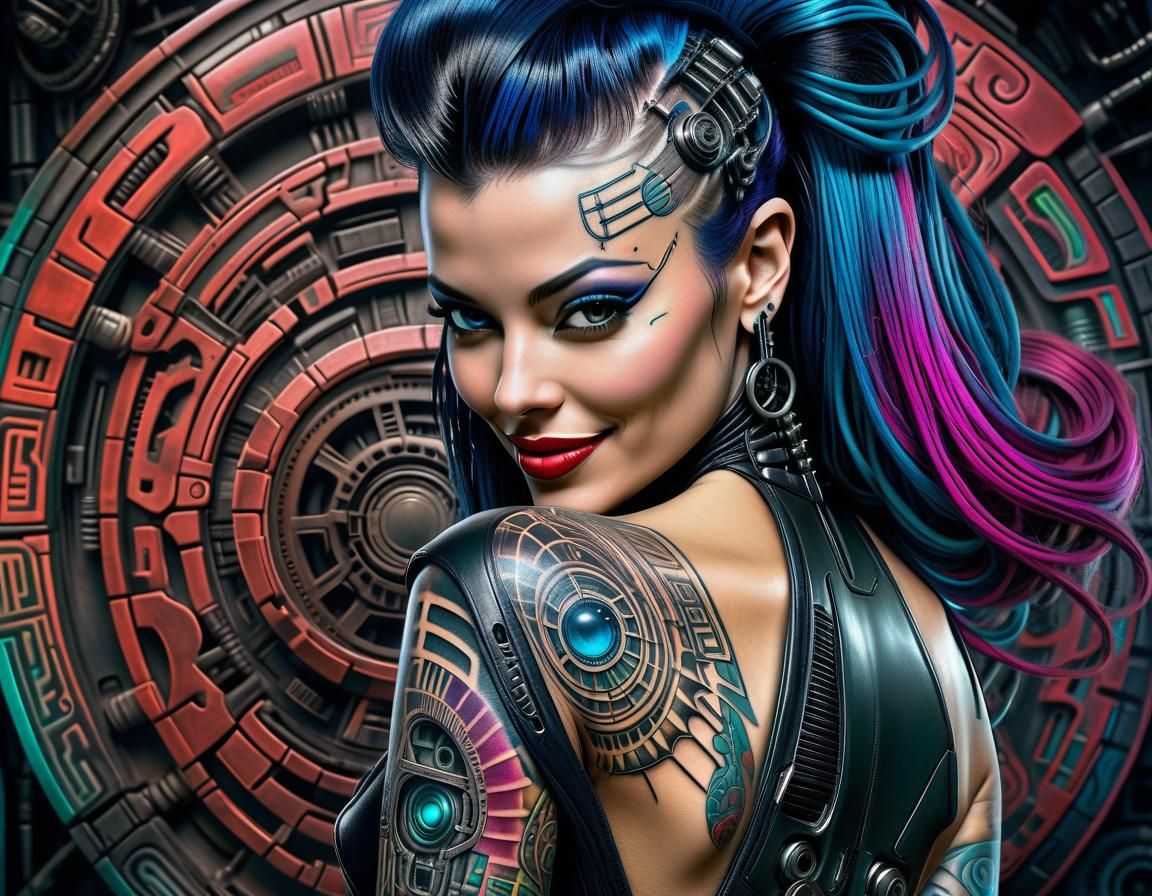 Cyberpunk Latina Pinup with Intricate Tattoo