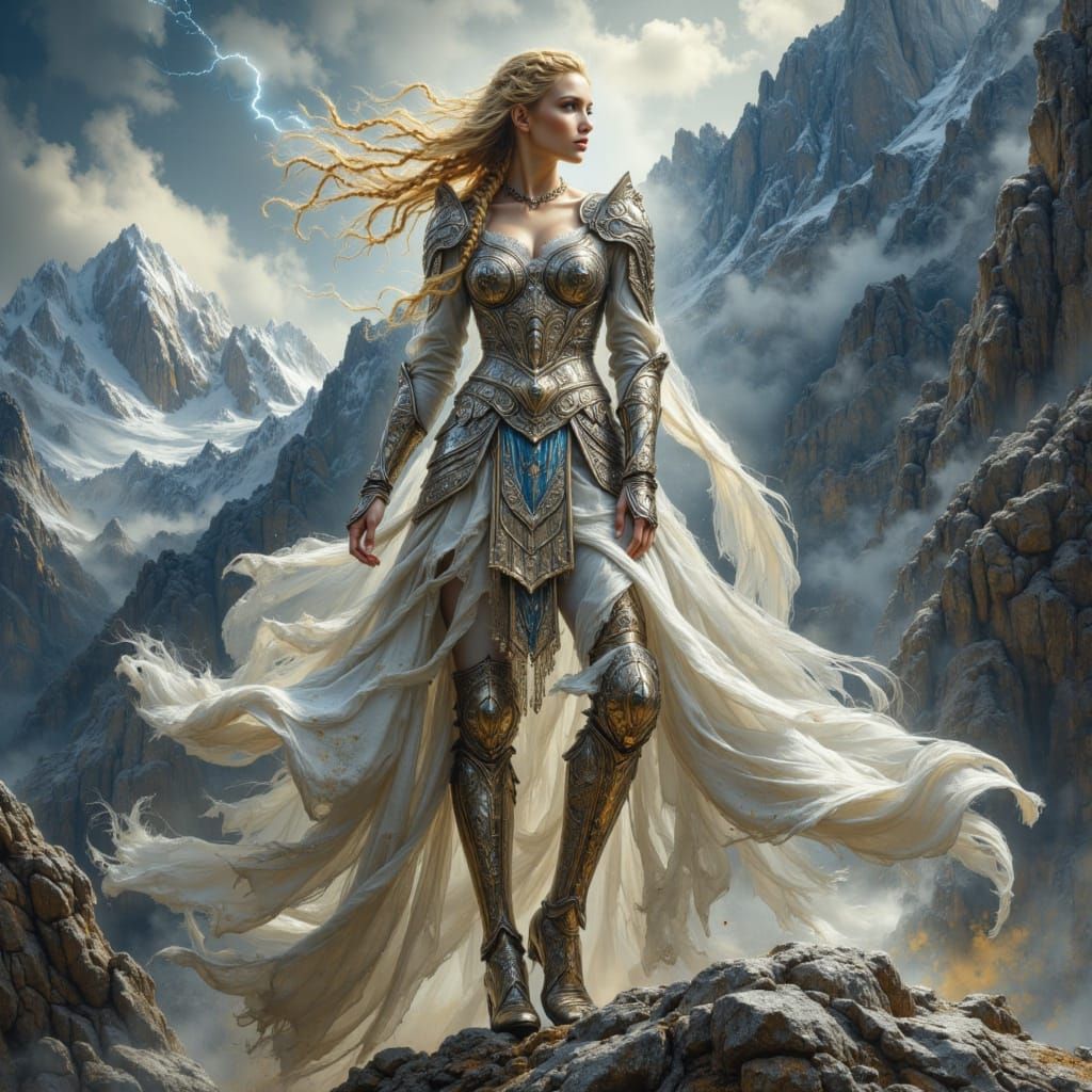 Valkyrie Warrior in Gleaming Armor, Maximalist Fantasy Art