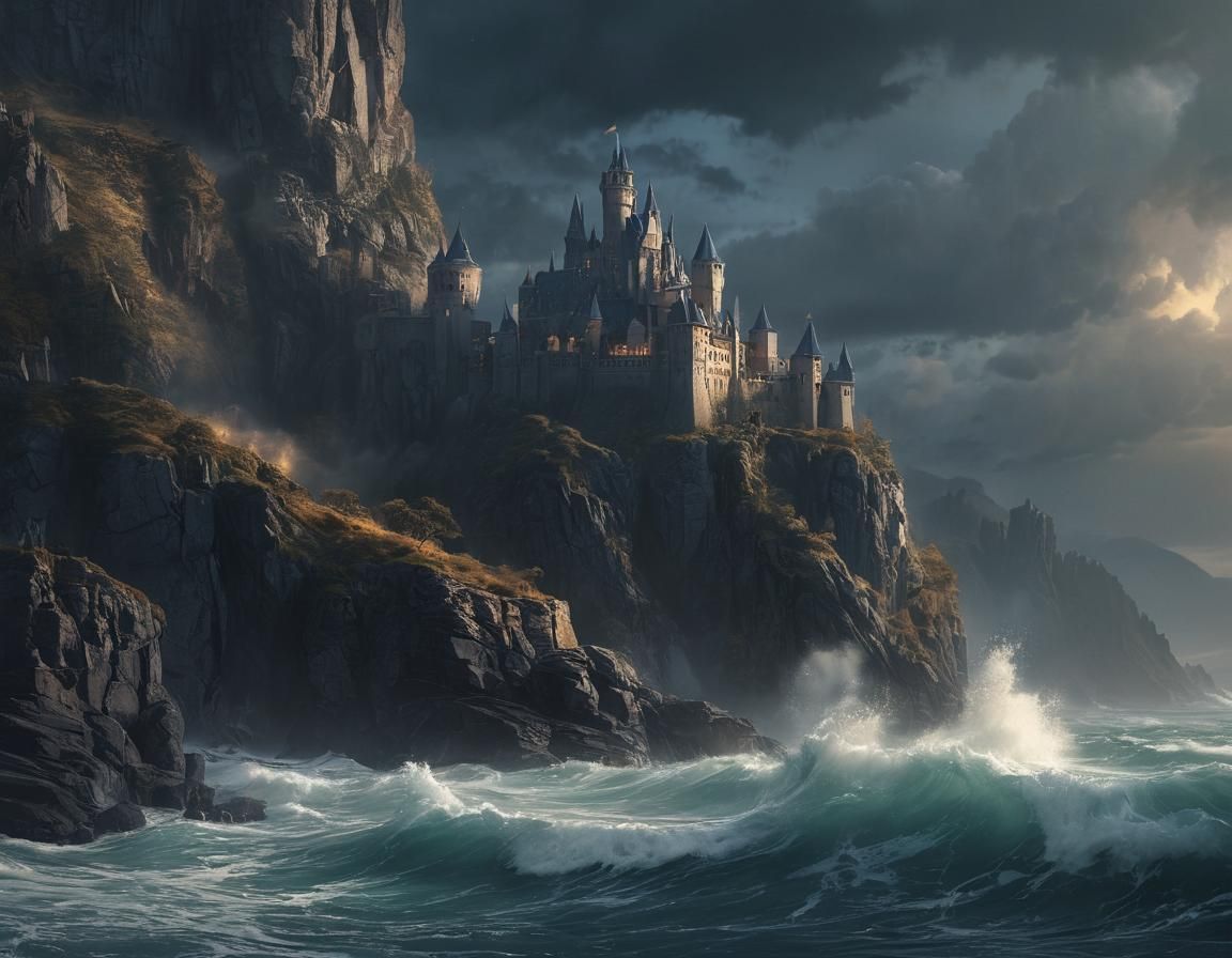Dramatic Cliffside Castle in Digital Oil Painting