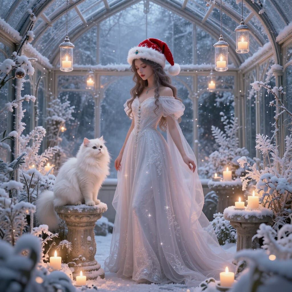 Ethereal Beauty in Winter Greenhouse with Cats and Candles