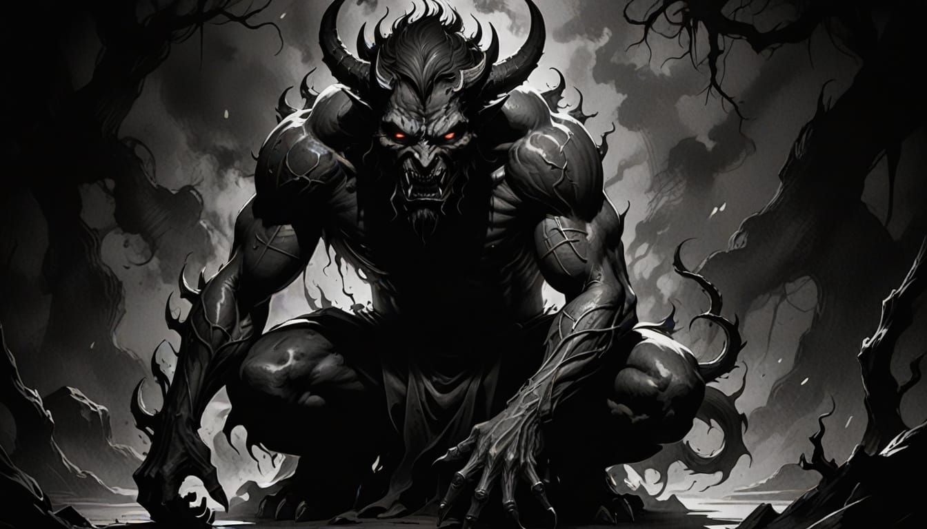 Demon Kneeling in Darkness Ink Illustration