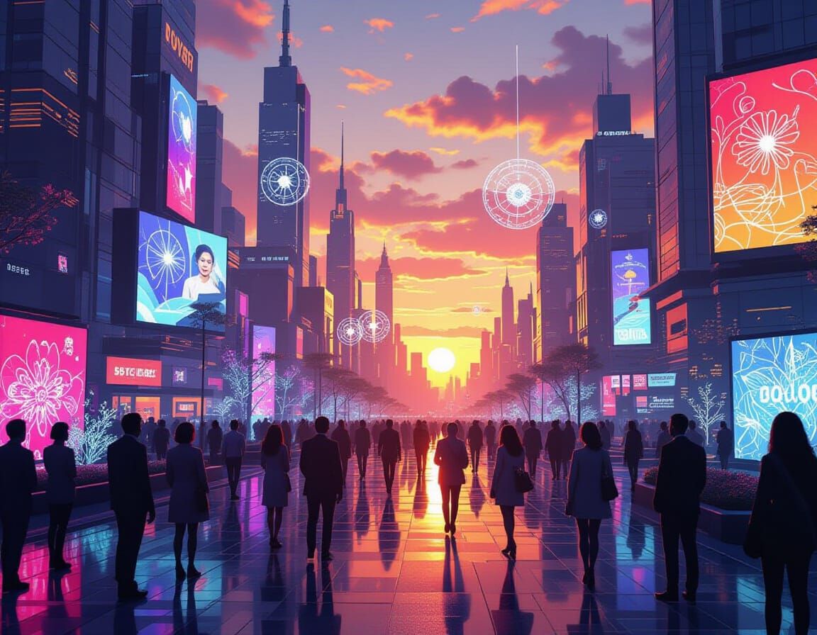 Futuristic City Square Under Double Sunset