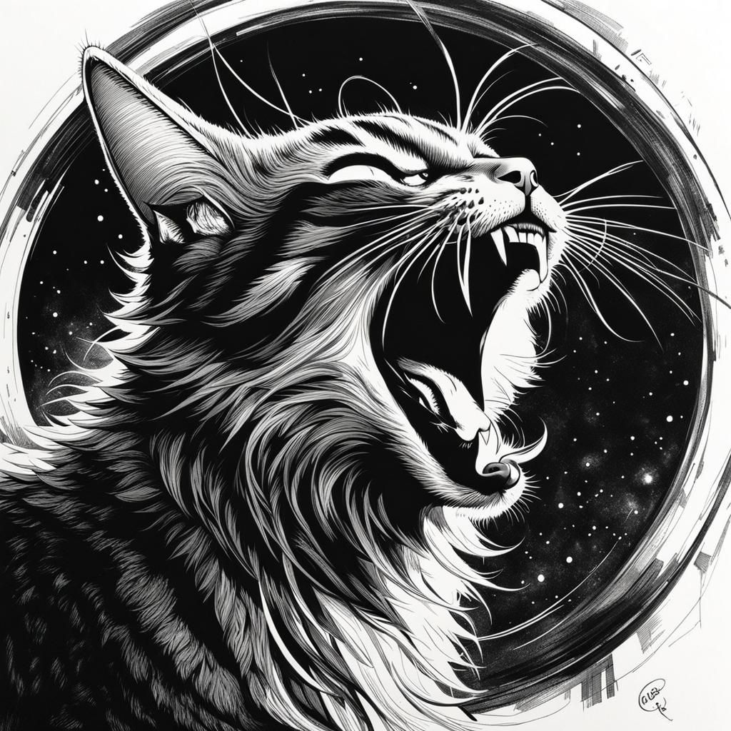 Space Cat Yawning: B&W Surrealist Comic Art