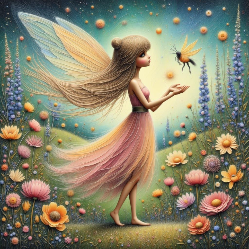 Enchanting Fairy Sprinkling Pollen in a Meadow