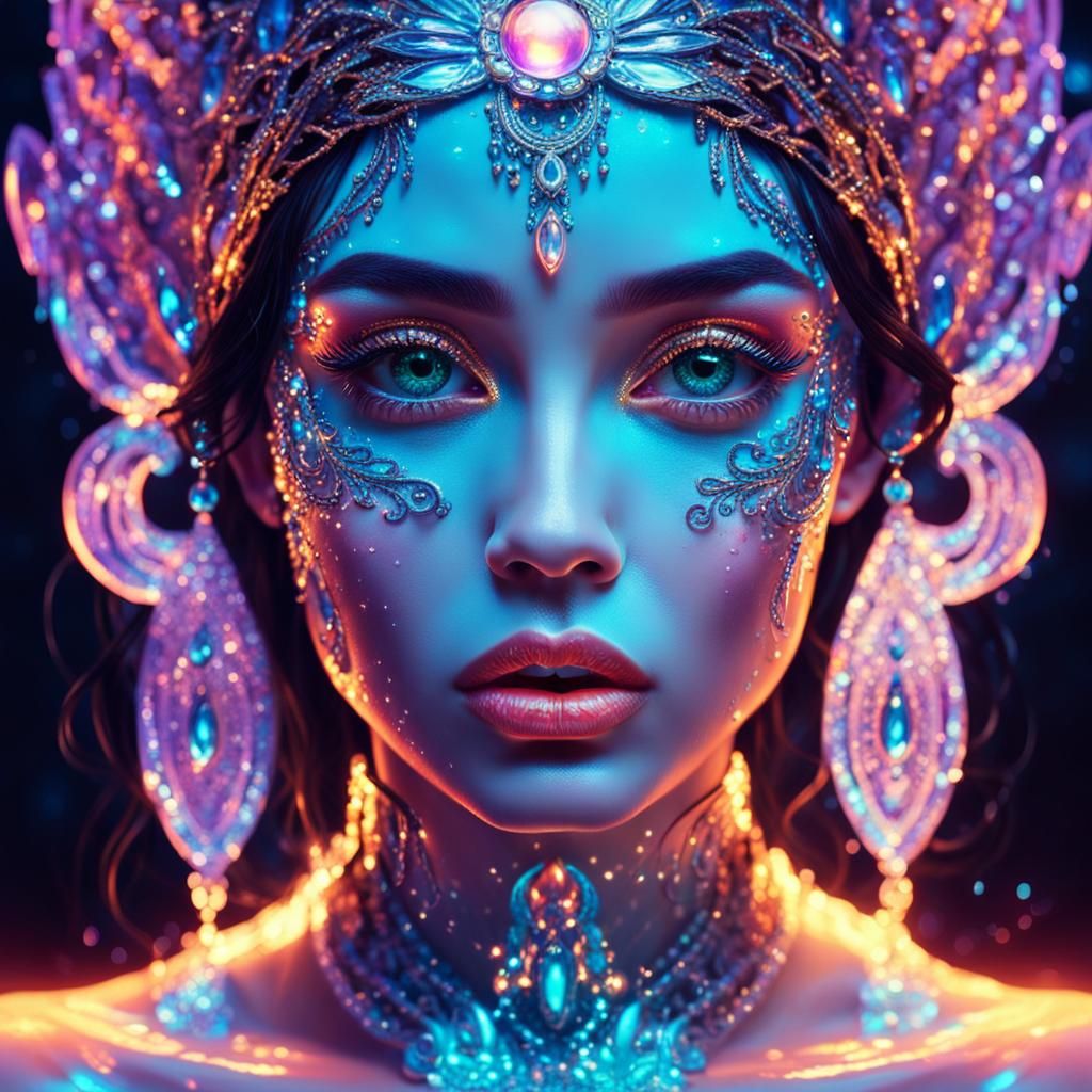 Neon Goddess with Sparkling Skin and Flowing Gown