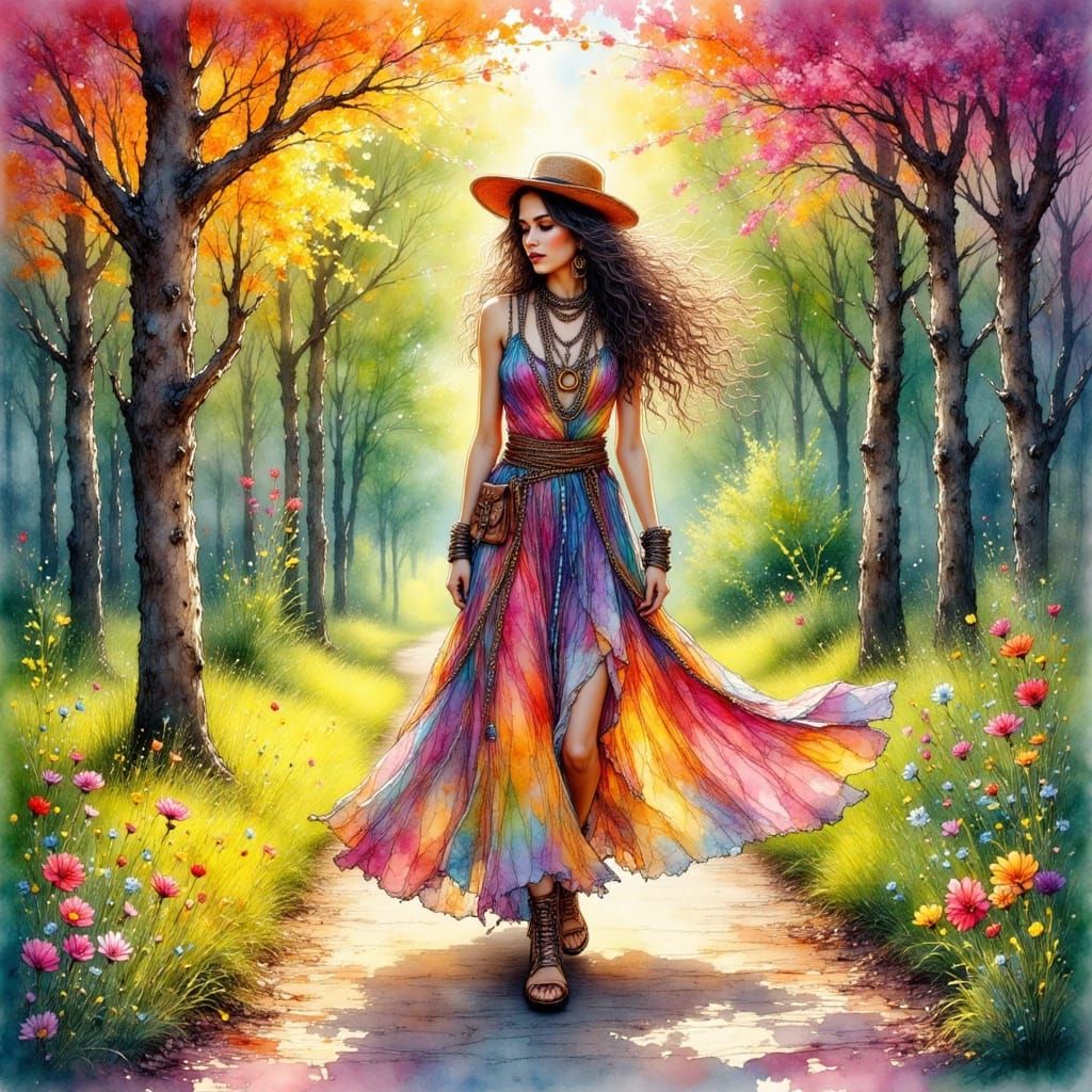 Hippie Woman in Central Park, Ink & Realistic Style