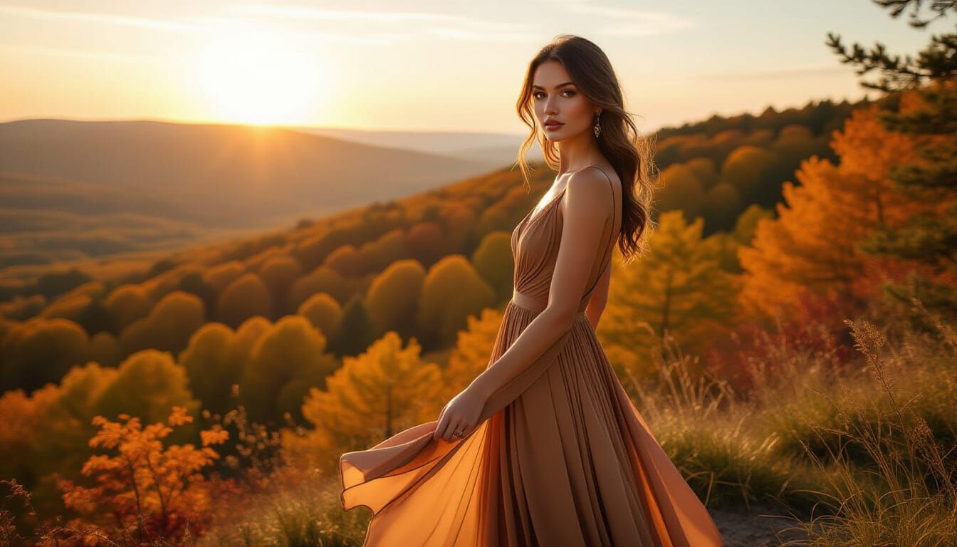 Woman in Earth Tones Overlooking Autumnal Forest