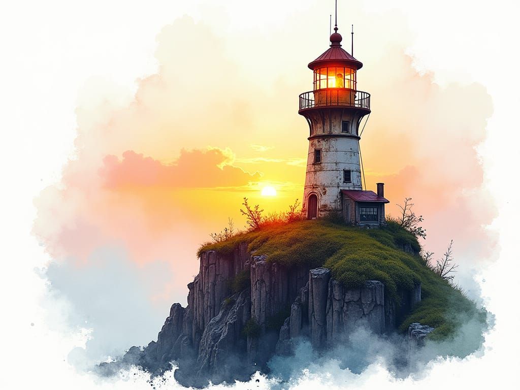 Steampunk Lighthouse on Cliff at Sunrise, Watercolour Style