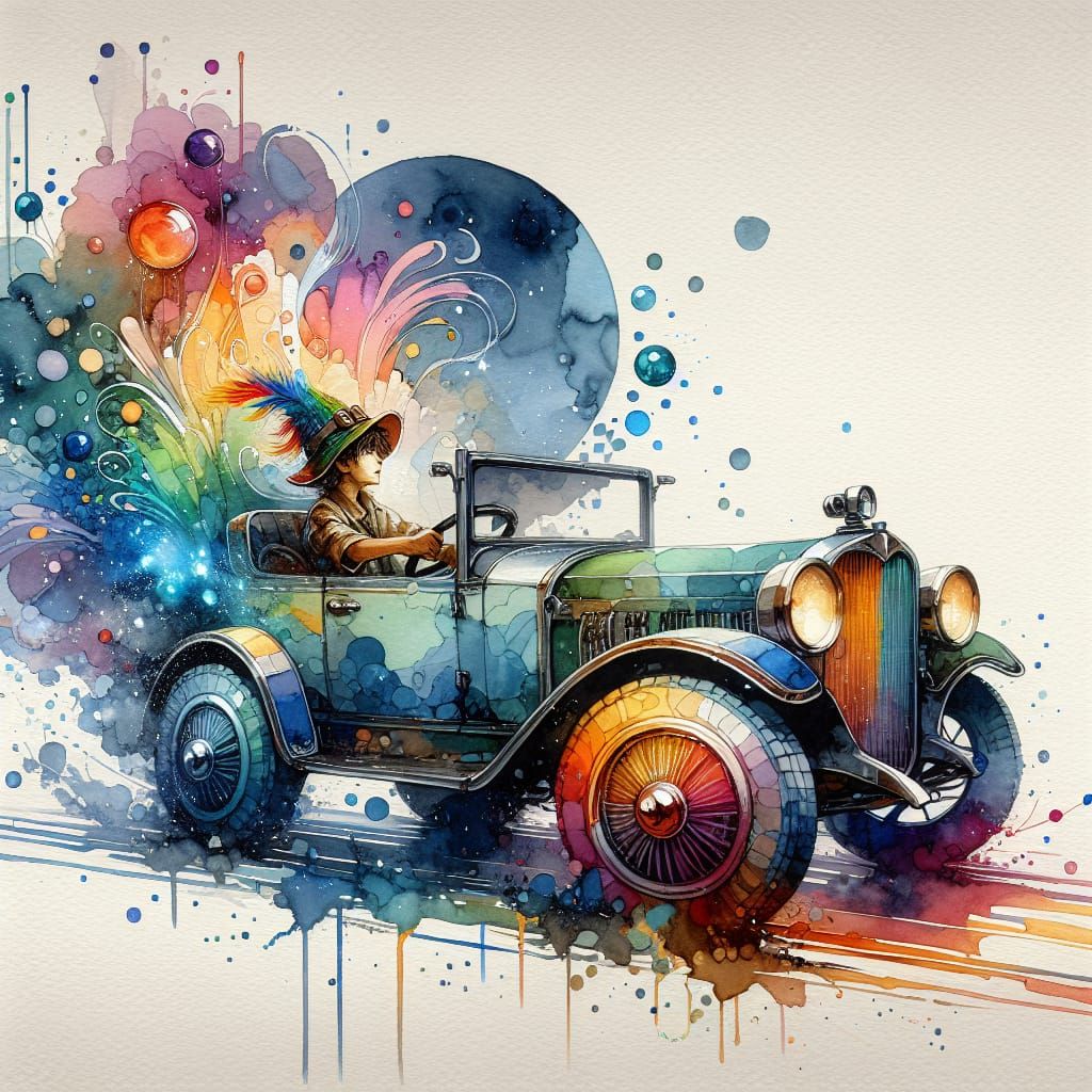 Fantastical Boy's Car in Watercolour Concept Art