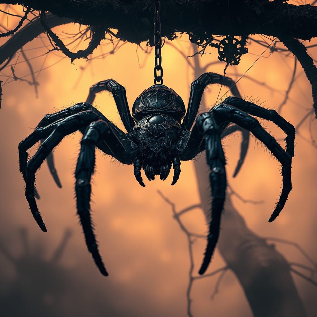 Steampunk Spider Embodies Dark Fantasy in Haunting Forest Sc...