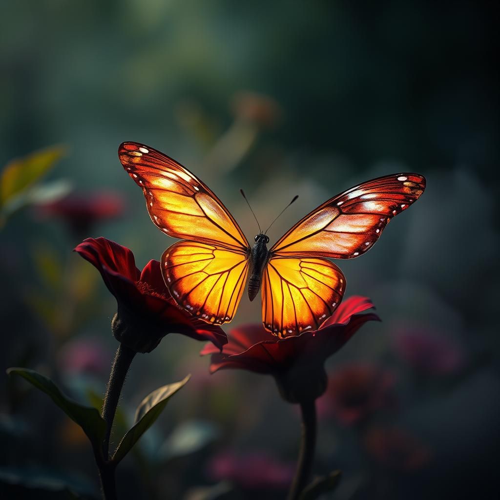 Cinematic Butterfly on Flower with Dramatic Lighting